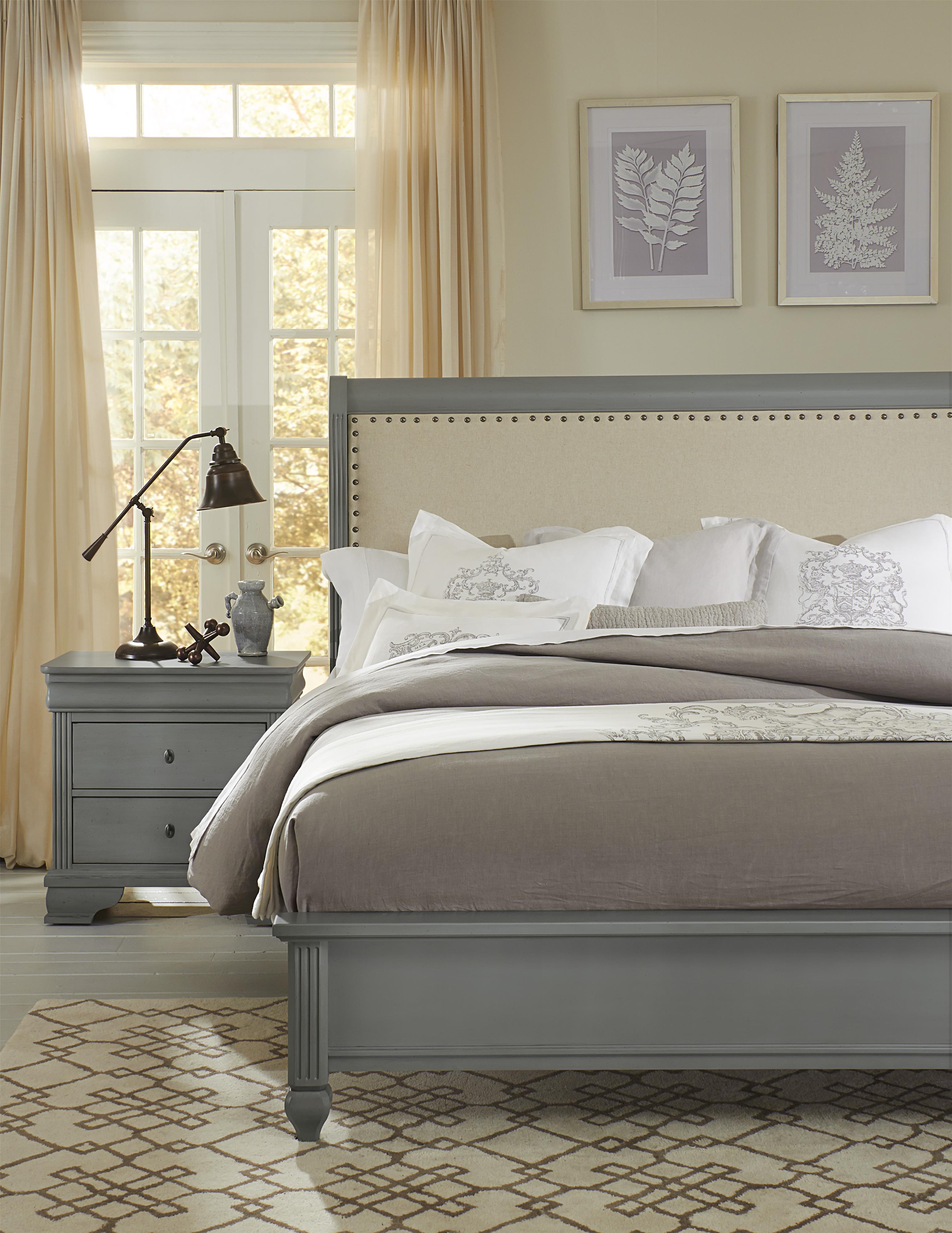 Vaughan Bassett French Market King Bed w/ Upholstered Headboard & Low